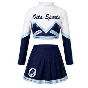 Ensemble uniforme de cheerleading bleu marine et blanc sublimé à manches longues avec jupe plissée – Tenue de sport athlétique pour entraînement et performance - Product Image 2