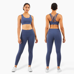 Custom Women's Yoga Set Seamless Crisscross Back Sports <b>Bra</b> High Waist Full Length Leggings and Crop top 2 Piece <b>Blue</b> Activewear - Product Image 1