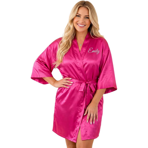 Personalized Pink <b>Satin</b> Bridesmaid <b>Robe</b> Short Sleeve Mandarin Collar Knee Length Heat Transfer Printing Back Logo Women's Elegan - Product Image 4