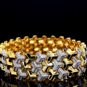 Brazalete de lujo de oro amarillo y blanco de 18 quilates con eslabones hexagonales y diamantes cultivados en laboratorio, diseño ancho para compromiso y boda, para mujer. - Product Image 2