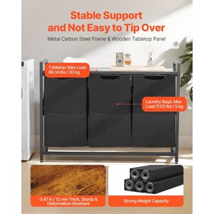 Cesto portabiancheria a 3 sezioni autoportante con ampia struttura in metallo e piano in legno, per organizzazione e contenimento - Product Image 2