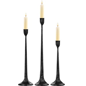 Brutalist Flared Base <b>Black</b> Metal Candle Sockets Granulated Texture Collared Taper <b>Candlestick</b> Set for Fine Dining & Mantels - Product Image 4