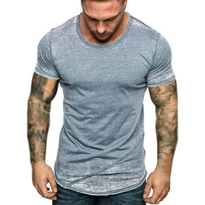 Camiseta de Manga Corta para Hombre, Cuello Redondo, Color Azul Jaspeado, Corte Regular, Informal, Tejido de Punto, Transpirable, Color Sólido, Jersey de Algodón - Product Image 3