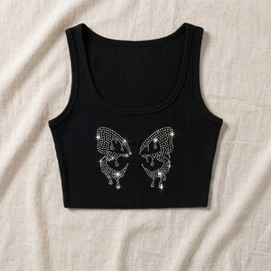 Wholesale Rhinestone Graphic <b>Black</b> Fitted <b>Crop</b> Tank <b>Top</b> Scoop Neck Sleeveless <b>women's</b> shirt Boutique Cami Bling <b>Top</b> Y2K Summer - Product Image 5
