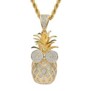Collier pendentif ananas 3D hip-hop en or 18 carats micro-serti de diamants avec chaîne corde pour soirée - Product Image 2