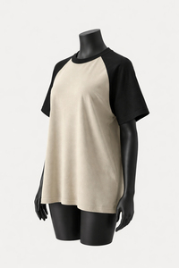 Women's Beige And Black <b>Raglan</b> Sleeve Crew Neck T-Shirt Loose Fit Casual Jersey Cotton Solid Color Contrast Trim - Product Image 2