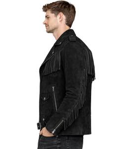 Men's Black <b>Suede</b> Motorcycle <b>Jacket</b> With Fringe Zipper Closure Turn-down Collar Regular Fit Autumn Style - Product Image 6