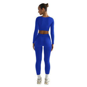 Ensemble de yoga 2 pièces marron sans coutures : Crop top dos nageur à col en V et Legging taille haute longueur intégrale en Spandex et Polyester extensible dans les quatre sens - Product Image 3