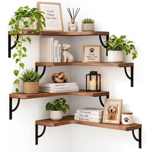 Étagères d'angle murales à 4 niveaux en bois avec supports en fer, design minimaliste pour le rangement dans le salon - Product Image 1