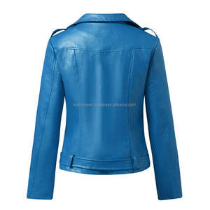 Bleu cuir respirant motard femmes vestes asymétrique fermeture éclair revers col à manches longues ceinturé Slim Fit manteau Viscose doublure - Product Image 2