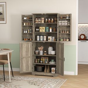 Armadio dispensa da cucina stile rustico alto 183 cm con 4 ante scorrevoli e 8 ripiani regolabili, finitura grigio anticato con stile legno MDF e materiale in alluminio - Product Image 2