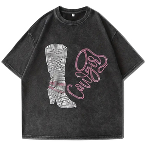 Camiseta informal de verano de manga corta para mujer, camiseta negra con diseño gráfico y diamantes de imitación, corte holgado, cuello redondo, camiseta para el día a día - Product Image 1