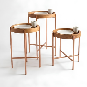 Tables d'appoint modernes en bois avec pieds en métal, disponibles en trois tailles, design empilable pour une utilisation en extérieur, style minimaliste, ensemble de meubles de jardin - Product Image 1