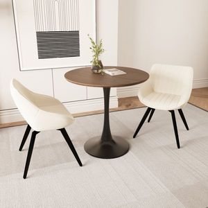 31.5\" Walnut Color MDF Round Dining Table 2 Black Metal Leg Tulip Design 2 Artificial Leather Decorative Chairs-Dining Room Set - Product Image 2