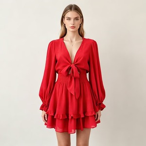 Vestido corto de gasa informal de moda con cuello en V y manga larga con borde con volantes para mujer - Product Image 2