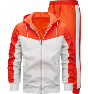 Men's Orange White Color Block Tracksuit <b>Hooded</b> Full <b>Zip</b> Jacket Matching Pants Casual Sportswear Autumn Wear - Product Image 1