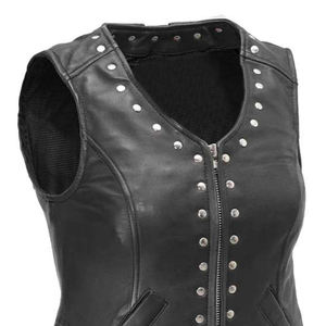 Gilet moto en cuir véritable pour homme avec clous, col en V, fermeture éclair, décoration à rivets, respirant, vêtement d'extérieur, couleur unie, automne - Product Image 3