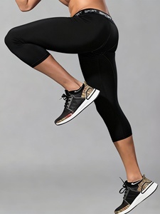 Leggings de compression noirs pour hommes, couleur unie, taille élastique, en Spandex et Nylon, vêtements de sport, longueur genou - Product Image 3