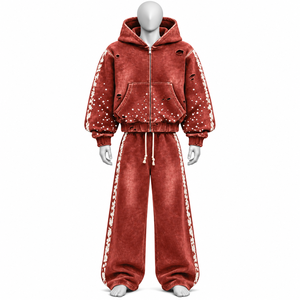 Ensemble de survêtement streetwear surdimensionné avec broderie de logo personnalisé et impression de strass, 100% coton, écologique et respirant - Product Image 3