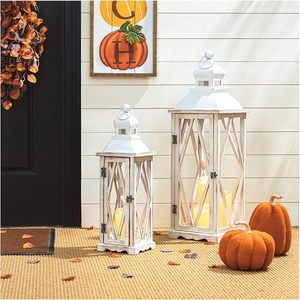 <b>Set</b> of 2 Rustic White Wooden <b>Lantern</b> Candle Holders Farmhouse Decorative <b>Lanterns</b> Wedding Home Decor - Product Image 1