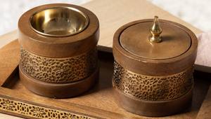 Ensemble de brûleur d'encens Bakhoor en bois et laiton de luxe, brûleur de charbon Oud Mabkhara avec plateau en bois, décoration d'intérieur arabe - Product Image 5