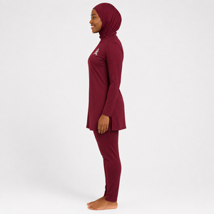 Ensemble Burkini Modeste Femme Décontracté Manches Longues Col Roulé Couleur Unie Bordeaux Séchage Rapide Spandex Polyester Couverture Complète Écologique - Product Image 3