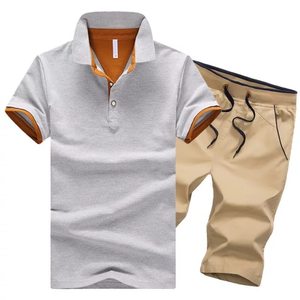 Men's Cotton <b>Polo</b> Shirt Set Solid Color Breathable Casual Summer Wear Gray <b>Orange</b> Trim Black Shorts - Product Image 2