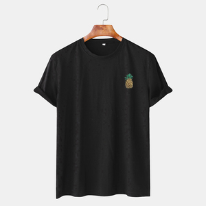 T-shirt blanc à manches courtes pour homme avec motif ananas brodé, coupe classique, col rond, style décontracté, 100 % coton jersey tricoté - Product Image 3