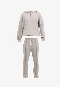 Women's Gray Hooded Tracksuit Set Full Sleeve Solid Color Casual Split Hem <b>Pants</b> With Side Pockets Breathable - Product Image 6