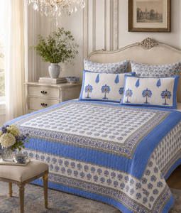 100% Cotton Indian Hand Block Printed Comforter <b>Set</b> Classic Blue Floral Reversible Premium Handmade AC <b>Bedspread</b> 3 Piece Bedding - Product Image 1