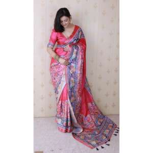 Sari en soie Tussar rose avec bordure tissée Zari à motifs floraux, robes de soirée élégantes, tissages d'élite à partir de 500g - Product Image 2