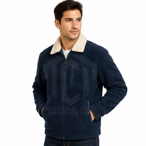 Custom <b>Mens</b> <b>Navy</b> Blue Sherpa Jacket Cream Turn Down Collar Full Zip <b>Fleece</b> Outerwear with Chest Zipper Pocket - Product Image 2