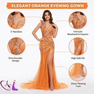 Vestido de sirena de lujo naranja con un solo hombro y bordados |   Vestido de noche con abertura alta, largo hasta el suelo, de diseñador, para mujer, para gala. - Product Image 5