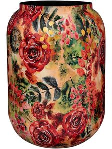 Linea Exports Inc Ceramic Round <b>Vase</b> With <b>Red</b> Floral Design Glossy Finish Handmade Traditional Style Tabletop Decor - Product Image 1