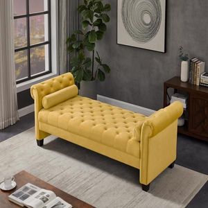 Panca Rettangolare in Velluto con Gambe in Legno Massello Giallo e Cuscini Cilindrici Integrati per Arredamento Soggiorno - Product Image 3