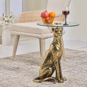 Table d'appoint Léopard Doré avec plateau en verre, design animalier en métal, style glamour, table décorative d'appoint - Product Image 1