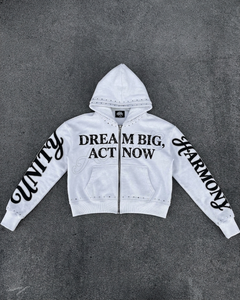 New Arrivals Winter 100% Cotton Fleece 500g Screen Printing Rhinestones Double Hood Street Style Zipper Men Hoodie <b>Sets</b> - Product Image 5