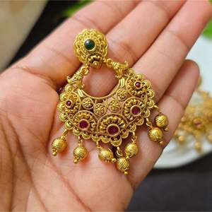 Chandbali Pearl Diamond Drop Earrings-Vintage Gold Plated Wedding Party Jewelry - Product Image 2