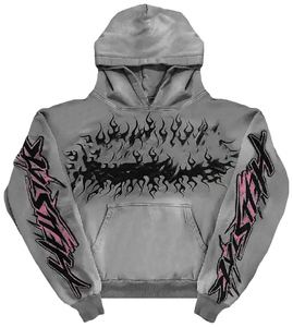 Sudadera con Capucha Gris para Hombre, Estilo Punk, Estampado de Llamas, Algodón French Terry, Corte Regular, para Otoño, con Bolsillo Delantero y Gráficos en las Mangas - Product Image 1