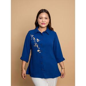 Chemise élégante boutonnée BIRD BRUNCH en georgette bleu royal de qualité supérieure avec tissu en coton respirant pour femmes - Product Image 3