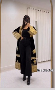 Cárdigan de terciopelo negro bordado con patrón dorado, chaqueta holgada con mangas farol para mujer, ropa informal para todas las estaciones - Product Image 3