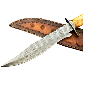 Cuchillos Bowie de Acero de Damasco Hechos a Mano con Mango de Hueso de Camello Amarillo, Funda de Cuero Marrón, Hoja Fija, Cuchillo de Caza para Exteriores - Product Image 5
