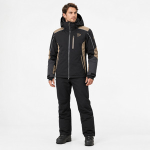 Women's Hooded Ski <b>Jacket</b> Black Tan Color Blocked <b>Waterproof</b> Synthetic Insulated Gore-Tex Zipper Closure - Product Image 4