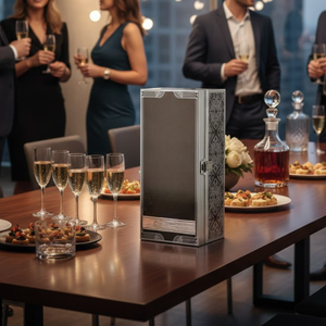 Boîte d'emballage pour bouteille de vin en kraft réutilisable avec fermeture magnétique | Boîte cadeau rigide gaufrée avec revêtement UV et doublure en mousse, durable - Product Image 1