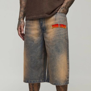 Shorts Bermuda en jean délavé pour homme, taille mi-haute, fermeture élastique, logo avant, style décontracté, tissu 100 % coton toile - Product Image 5