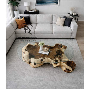Plateau de table basse rustique en bois massif Monkey Pod avec surface en verre pour salon - Product Image 4
