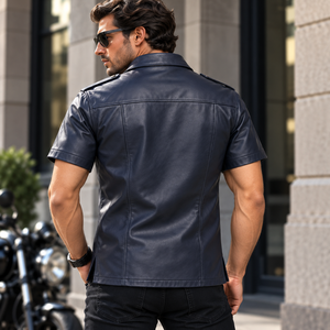 Men Navy Blue Leather Cargo <b>Shirt</b> Short Sleeve Multi Pocket Design Snap Button Front Shoulder <b>Epaulets</b> Classic Collar Outdoor - Product Image 4