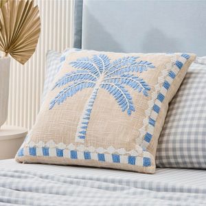 Tree Embroidered Cotton <b>Cushion</b> Cover Square Throw Pillow Case With Striped Border For Sofa <b>Bed</b> Living Room Home Decoration - Product Image 1