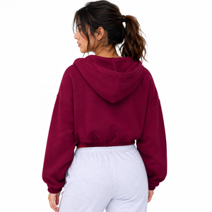 Women's Oversized Hooded <b>Zip</b>-<b>Up</b> <b>Cropped</b> Sweatshirt Solid Color Fleece Drop-Shoulder Full Sleeve Autumn Wear - Product Image 3