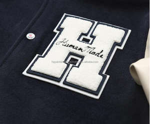 Veste universitaire de haute qualité pour homme avec broderie alphabétique, 100% laine, manches en cuir véritable, col montant, poche poitrine, hiver - Product Image 5